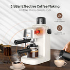 Cream white espresso machine with steam wand and frothing cup tray