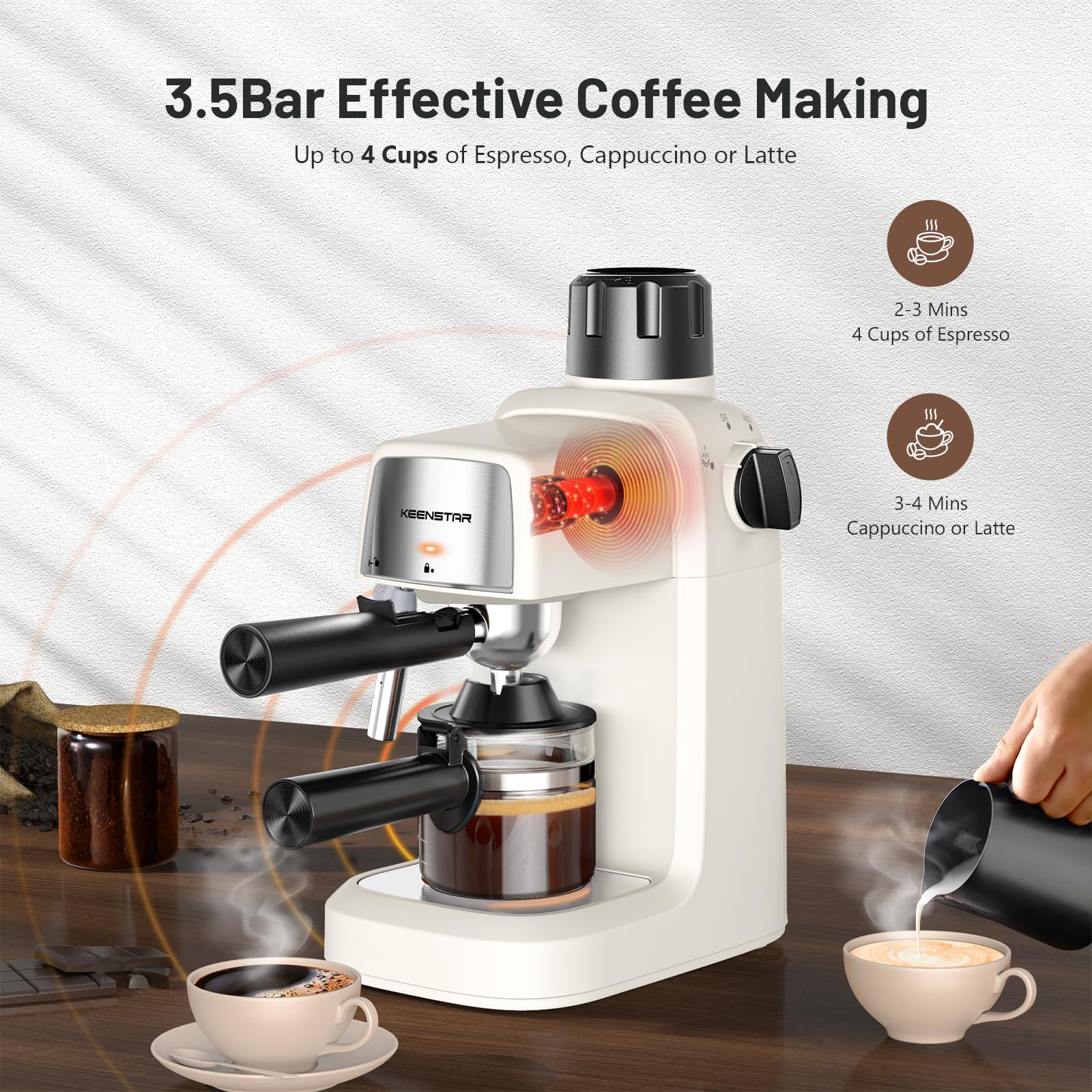 Cream white espresso machine with steam wand and frothing cup tray
