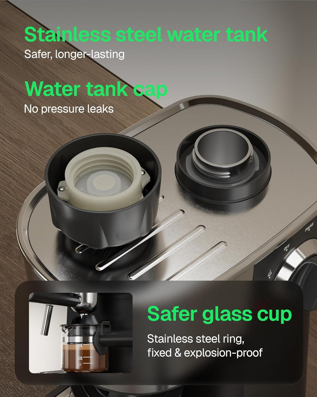 HBN espresso machine water tank and glass cup area, stainless steel and black internal view