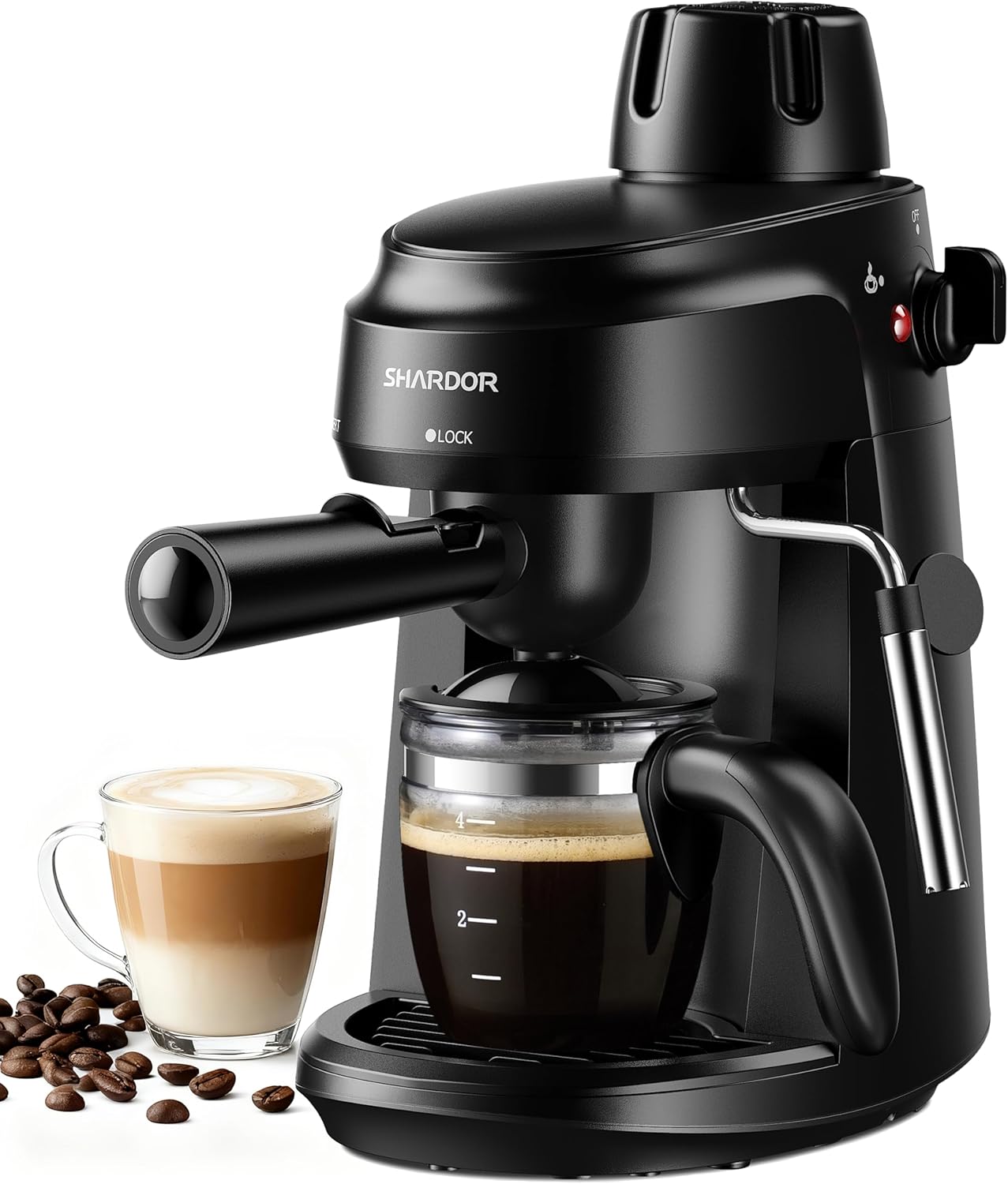 Black compact espresso machine with milk frother, 4-cup carafe and portafilter base