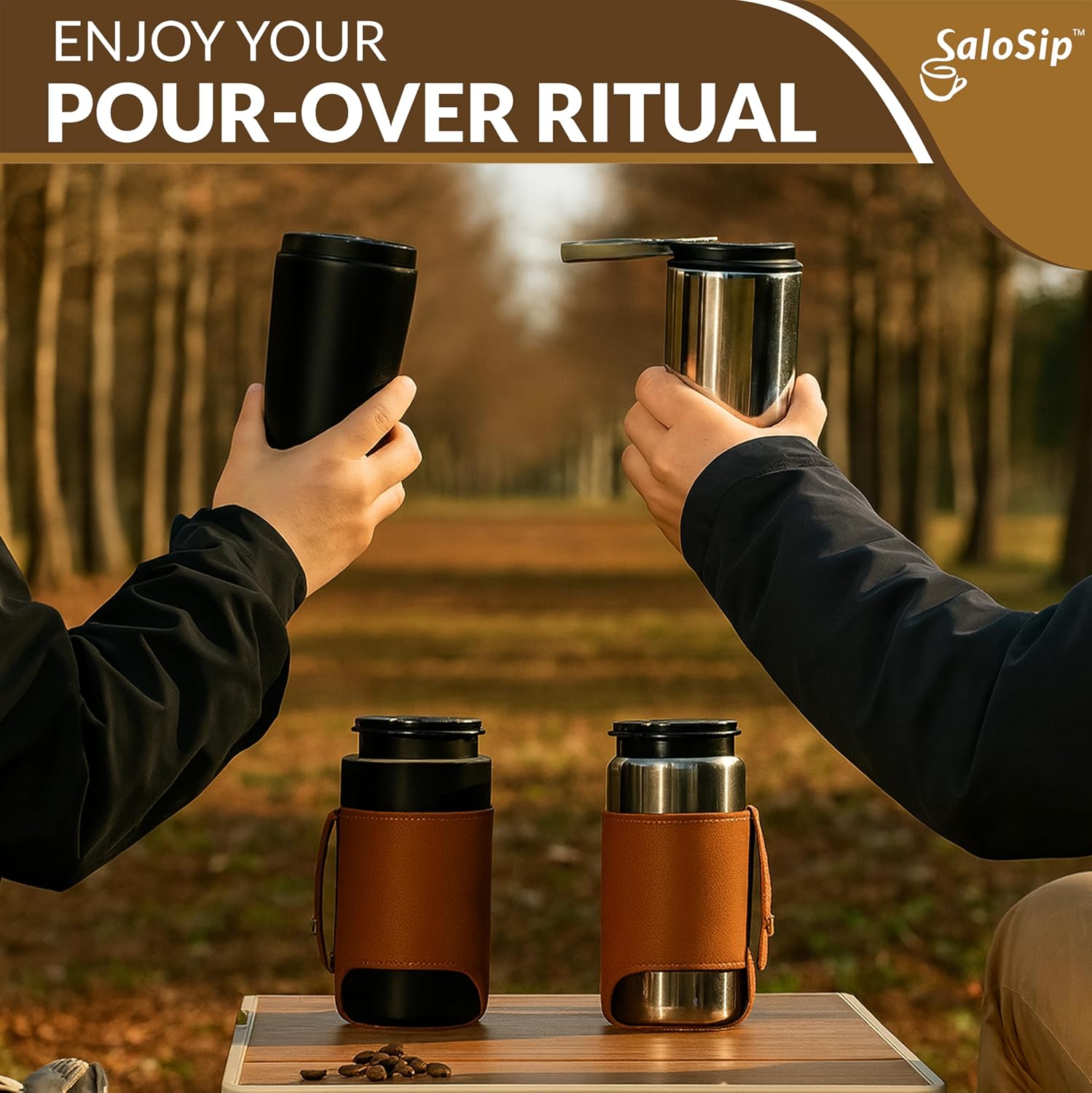 Two thermal coffee mugs with brown sleeves and stainless brewing kettle