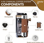 4-in-1 manual coffee system components diagram with kettle, dripper, and grinder