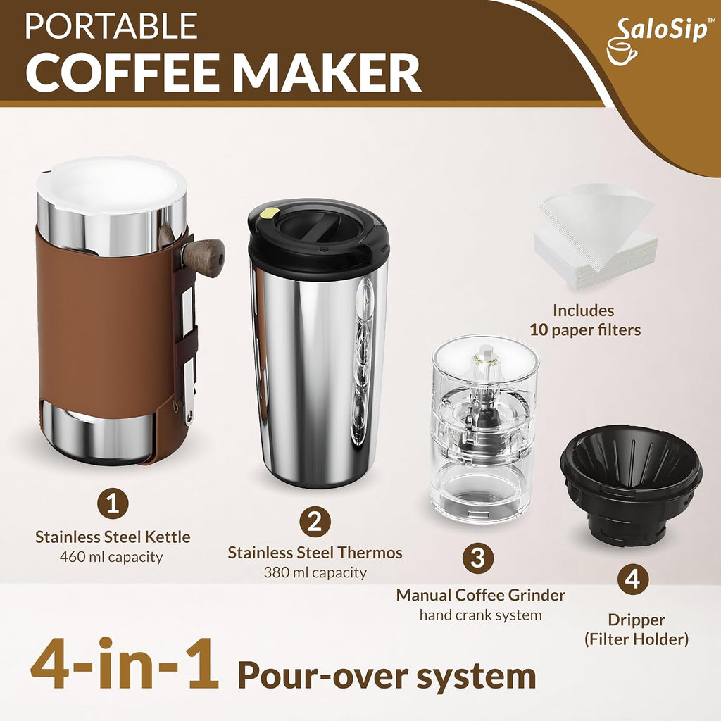 4-in-1 portable coffee maker set with stainless kettle, thermos, grinder, and dripper