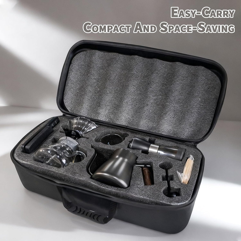 Black compact travel case open with foam insert holding gooseneck kettle, grinder and dripper kit parts