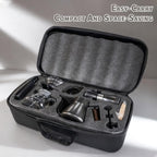 Black compact travel case open with foam insert holding gooseneck kettle, grinder and dripper kit parts