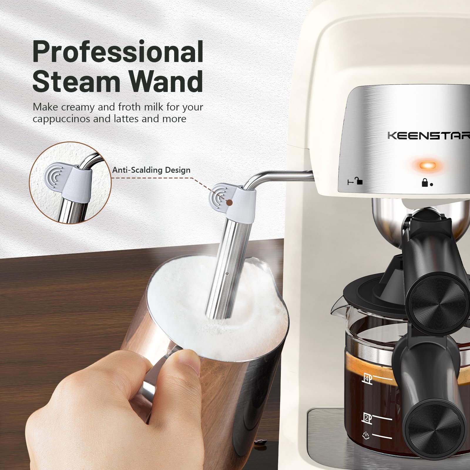 Cream white espresso machine with professional steam wand and anti-scalding tip