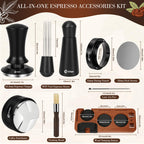 Espresso accessory kit shown with tamper, dosing tools, puck screen, brush, and pen