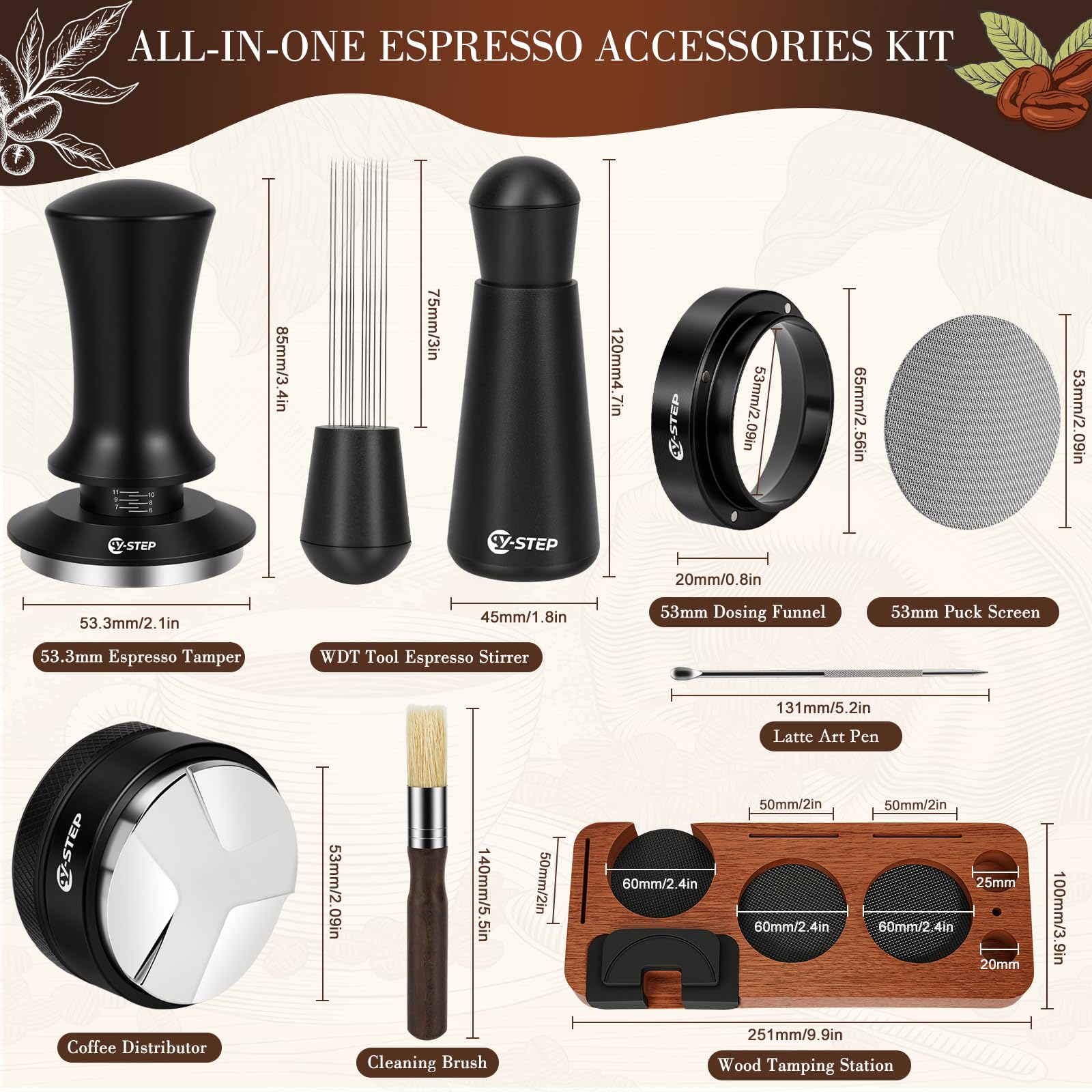 Espresso accessory kit shown with tamper, dosing tools, puck screen, brush, and pen