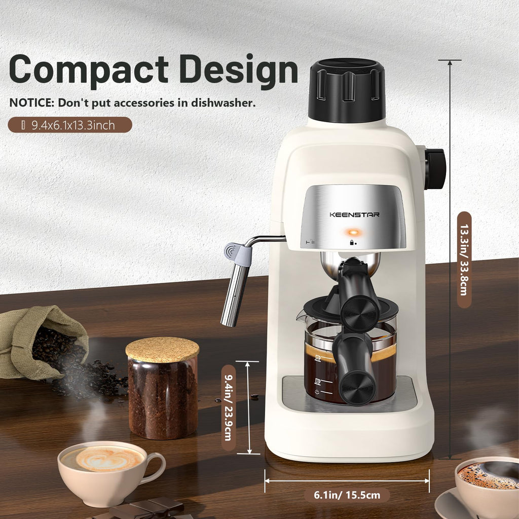Compact cream white espresso machine with steam wand and black control knob