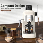 Compact cream white espresso machine with steam wand and black control knob