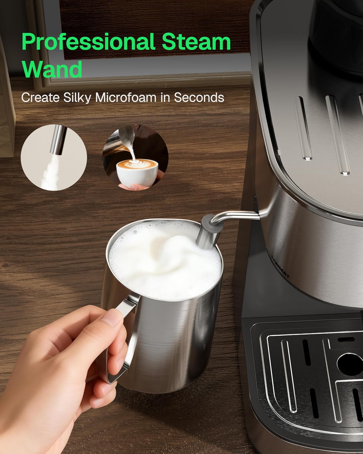 HBN steam wand frothing milk in metal pitcher beside espresso machine, stainless and black
