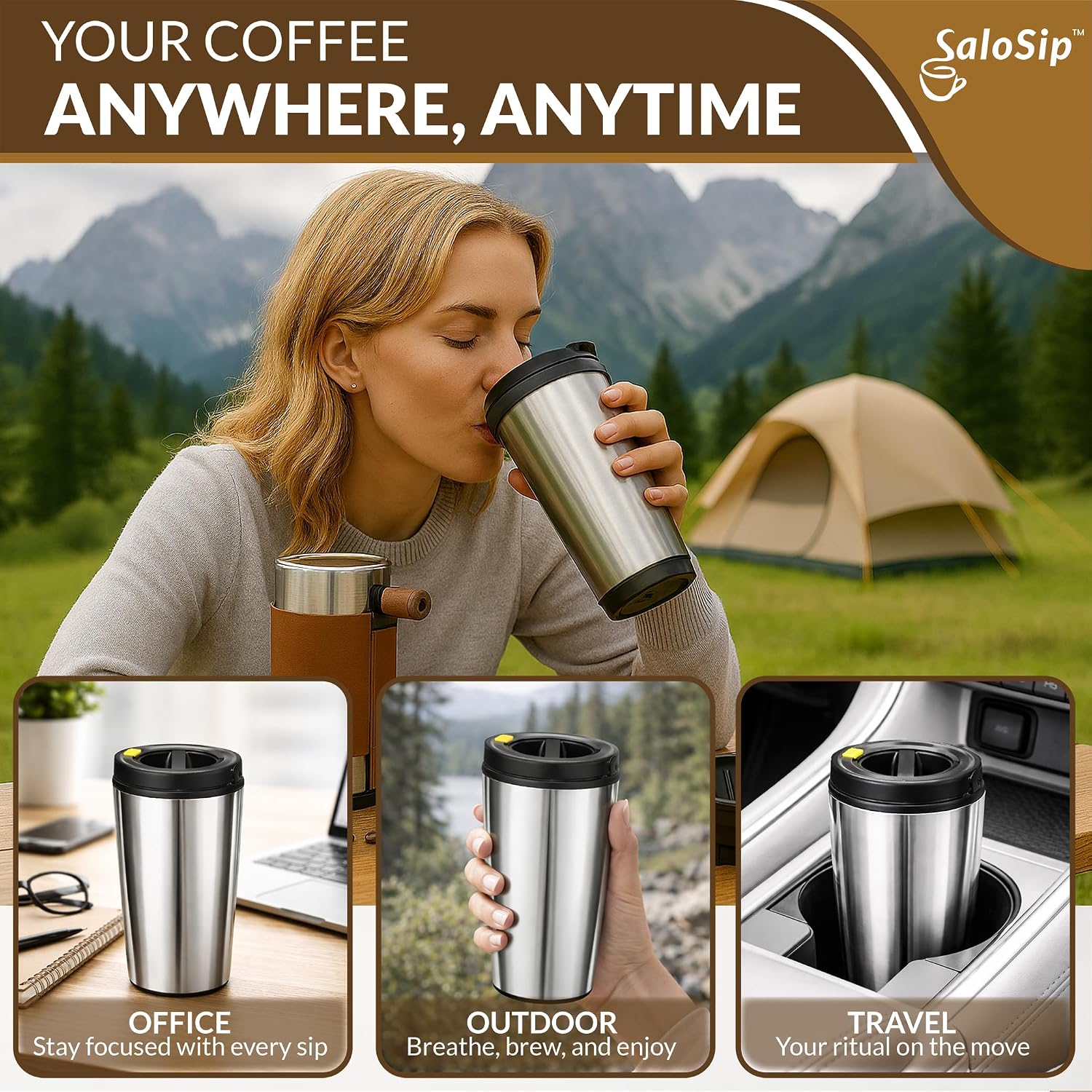 Portable coffee kit with stainless thermos and kettle for on-the-go brewing