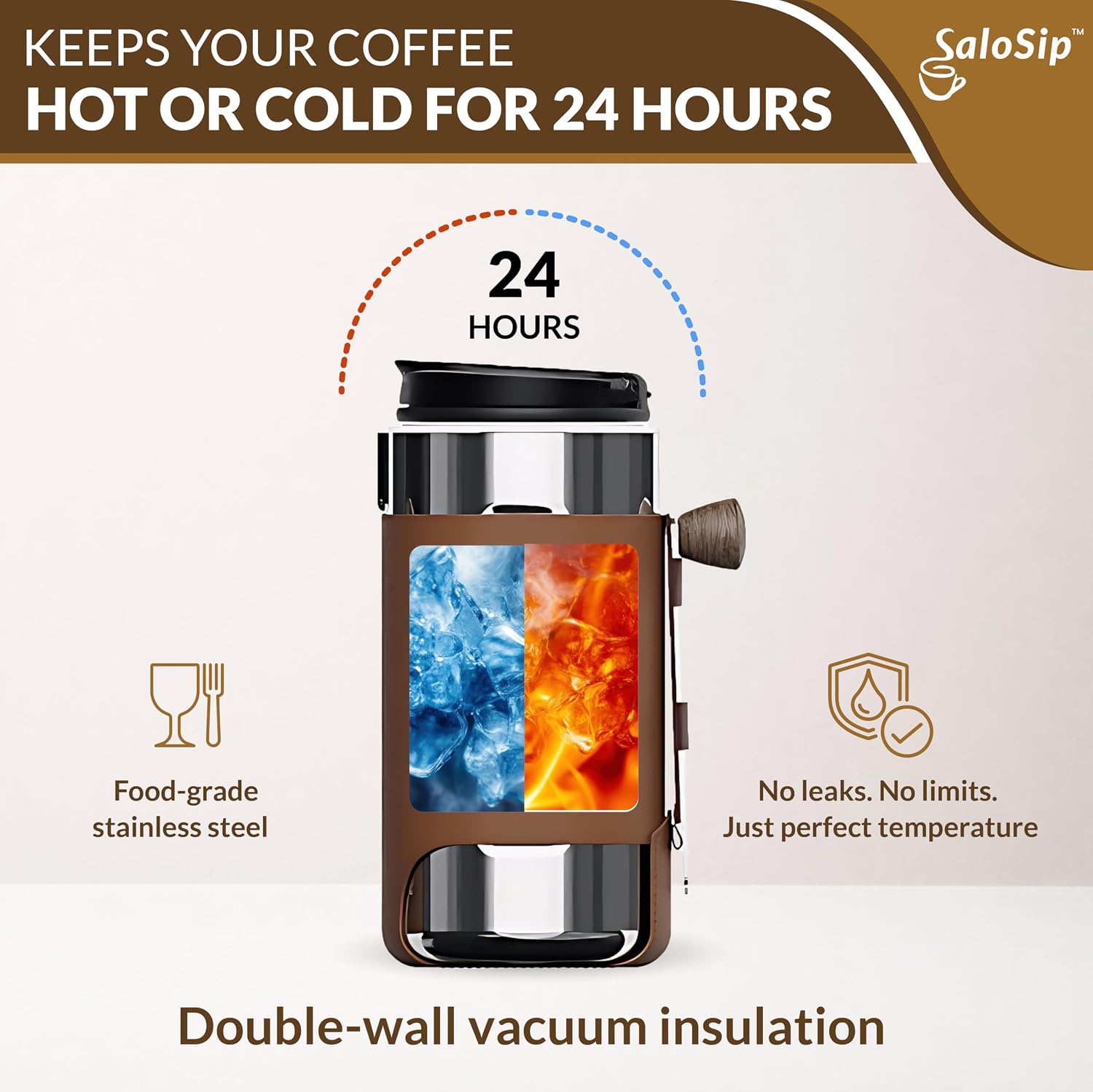 Double-wall vacuum insulated stainless coffee thermos with brown sleeve
