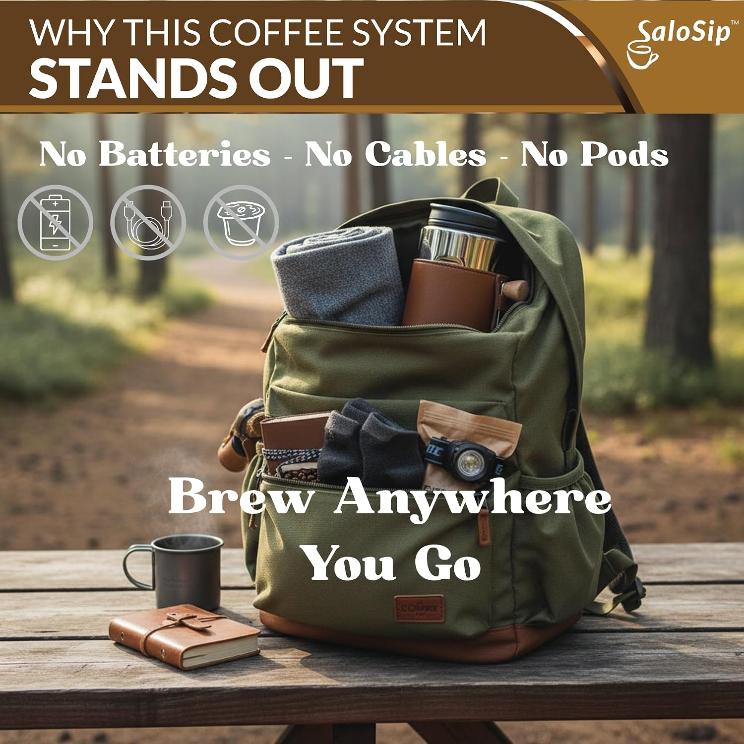 Portable coffee kit in olive backpack with stainless mug and grinder components