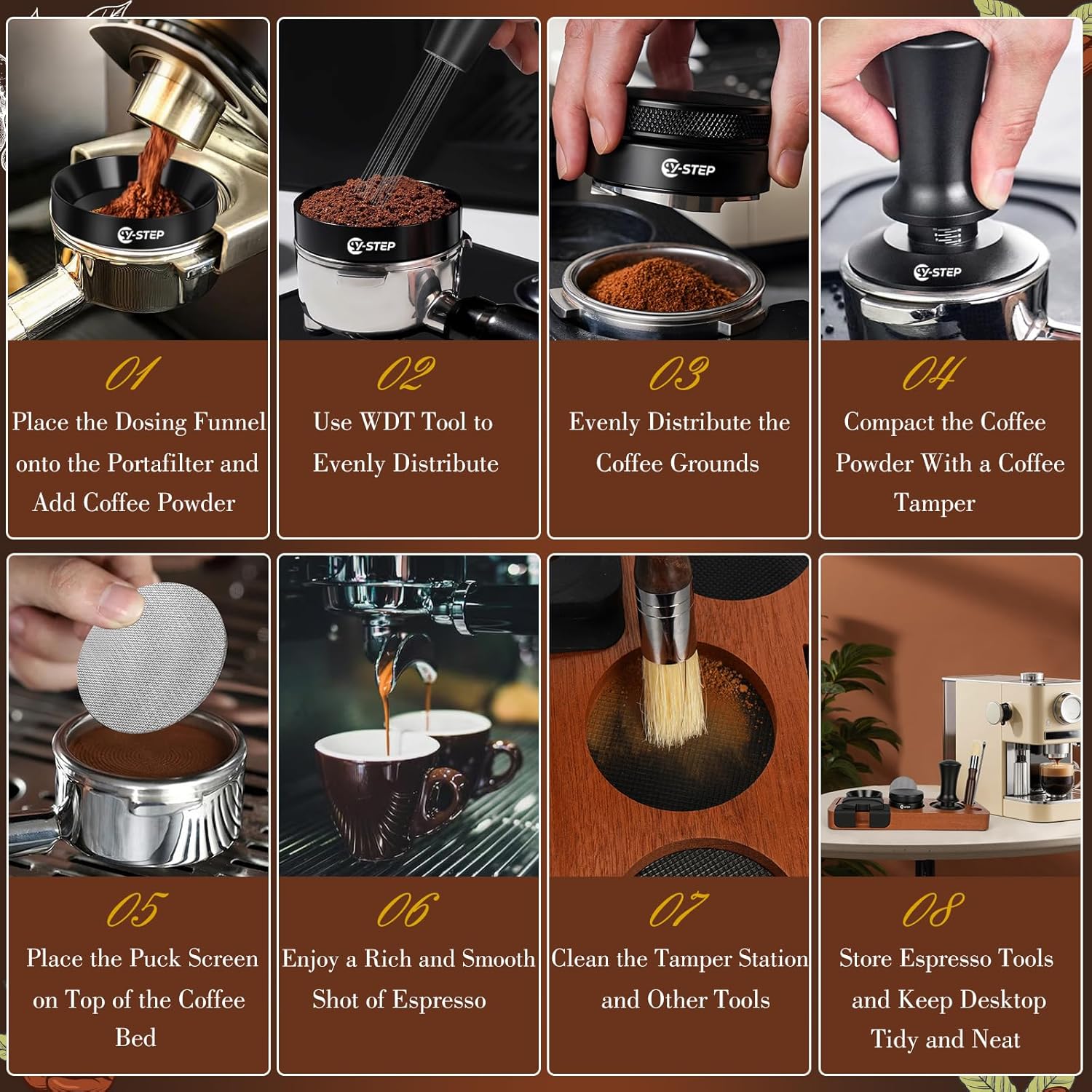 Step-by-step black espresso accessories set showing tamping, dosing, and cleaning tools