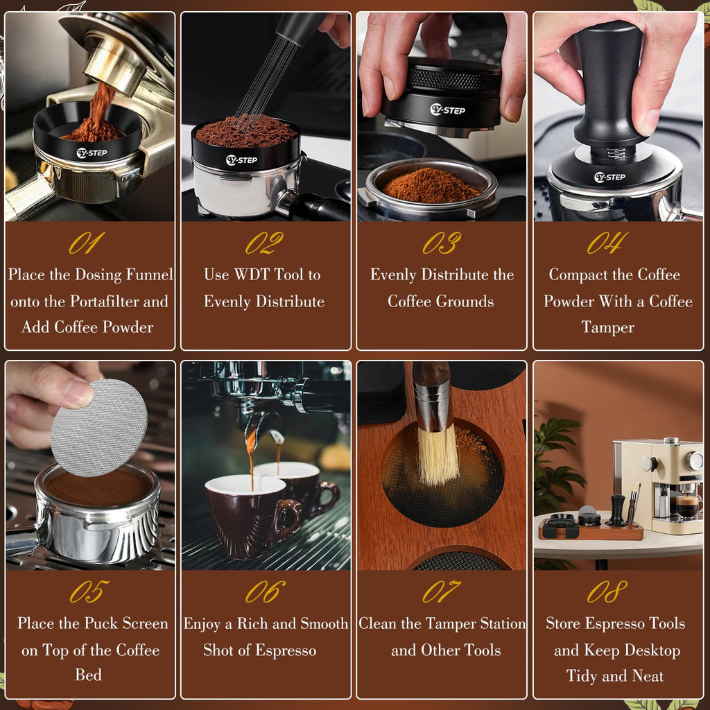 Espresso tools set including WDT tool, puck screen, brush, and dosing funnel
