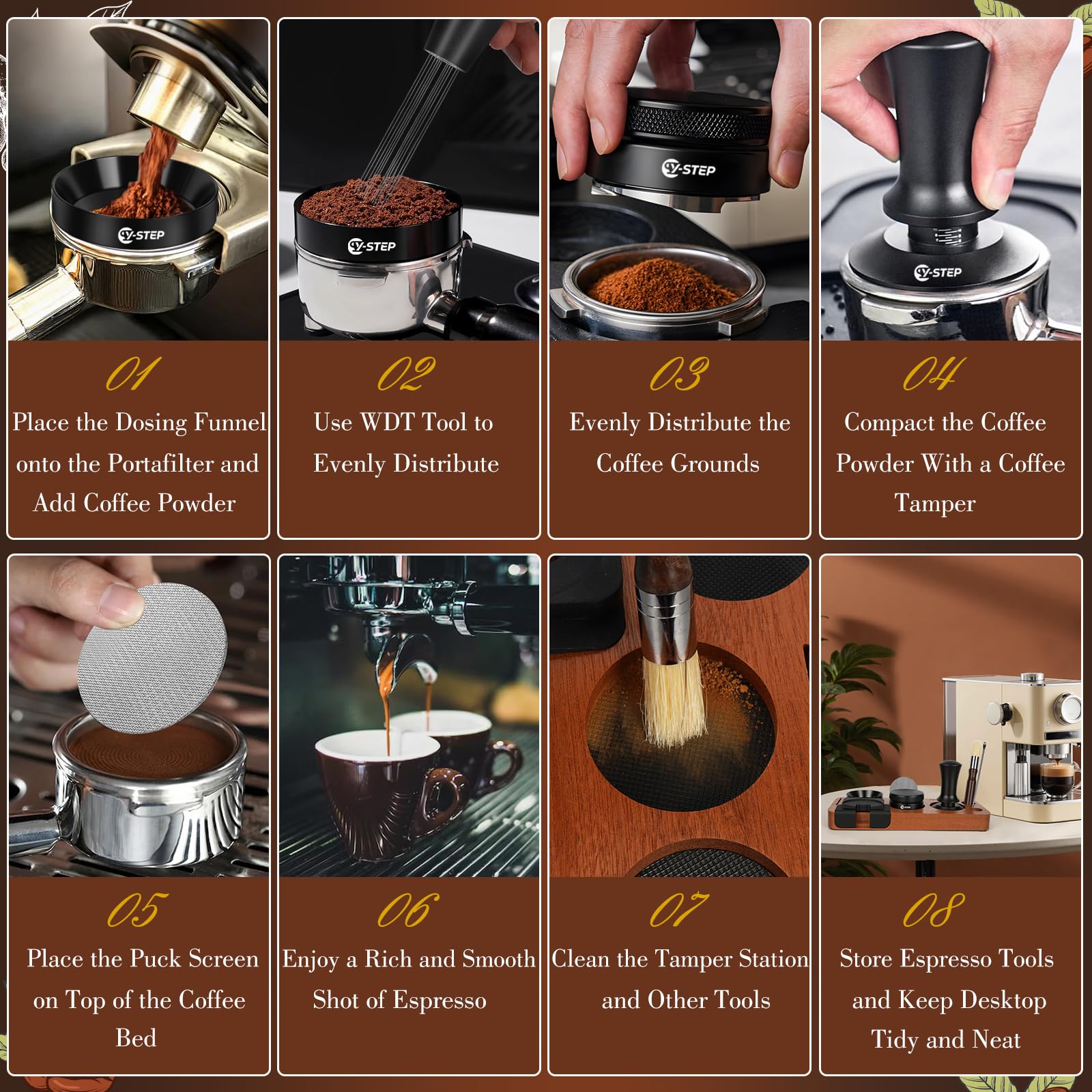 Espresso tools set including WDT tool, puck screen, brush, and dosing funnel