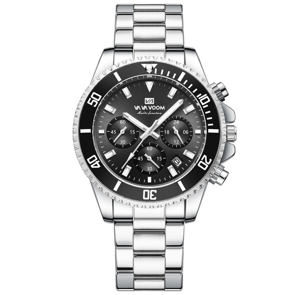 Men's stainless steel wristwatch with black dial and silver link bracelet, round bezel