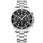 Men's stainless steel wristwatch with black dial and silver link bracelet, round bezel
