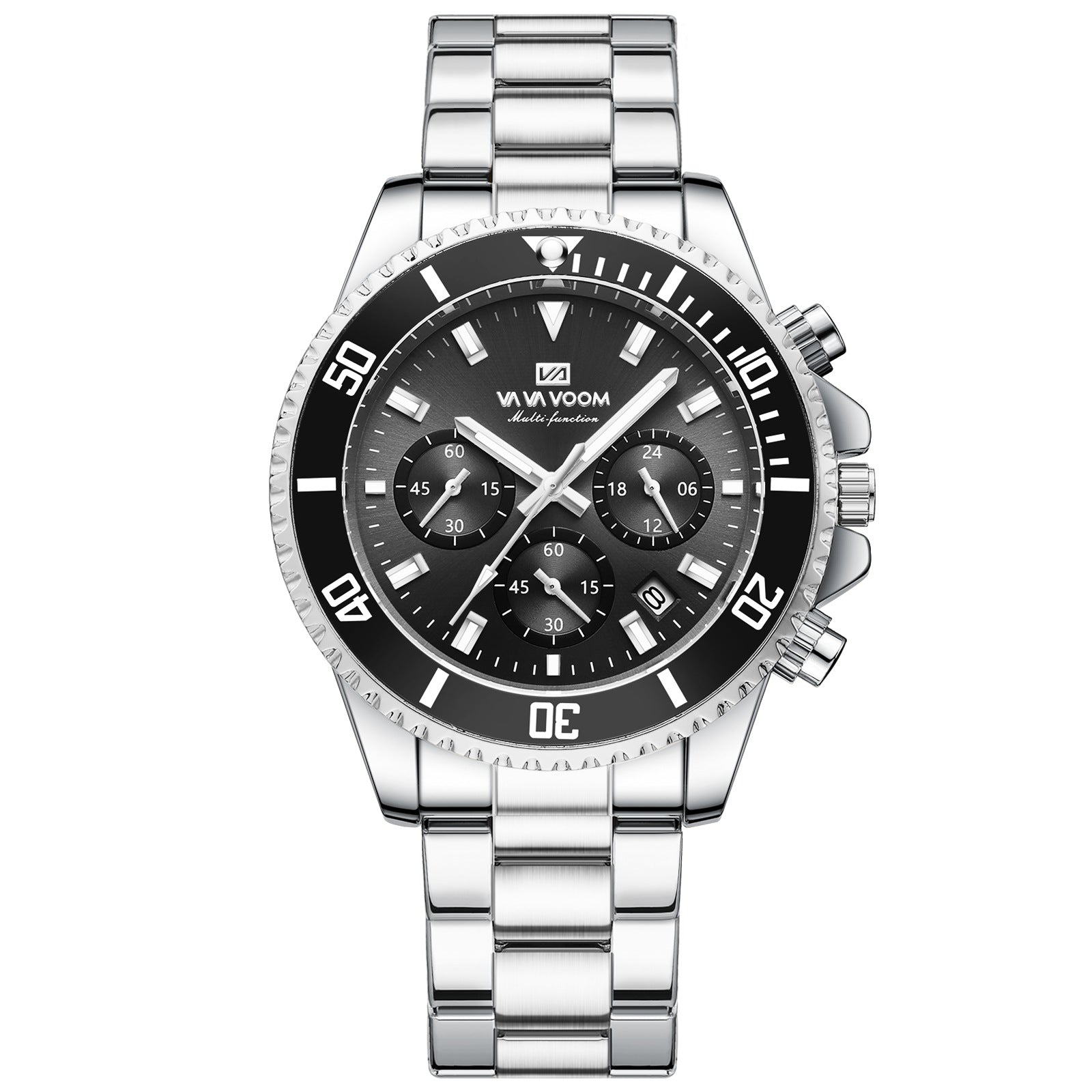 Men's stainless steel wristwatch with black dial and silver link bracelet, round bezel