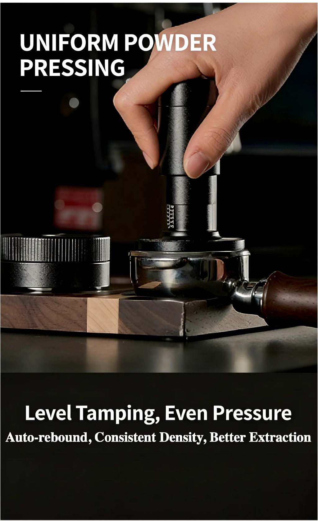 Espresso tamper with WDT tool compressing grounds on a portafilter, showing even pressure.