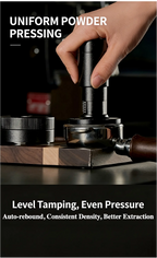 Espresso tamper with WDT tool compressing grounds on a portafilter, showing even pressure.