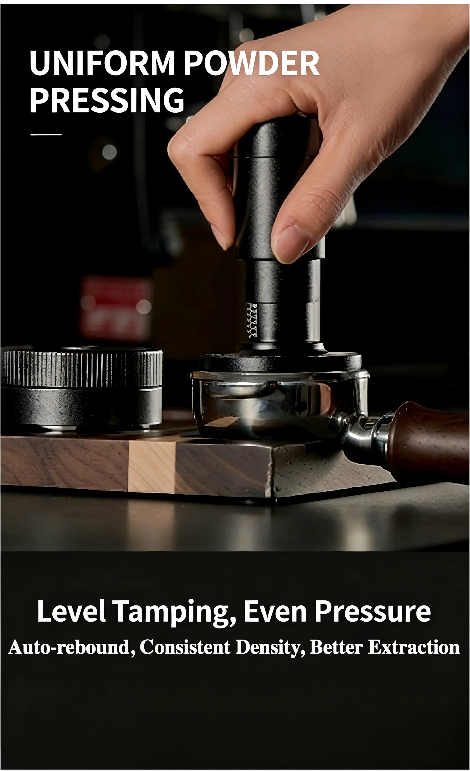 Espresso tamper with WDT tool compressing grounds on a portafilter, showing even pressure.