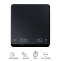 Black digital espresso scale with LED display and timer, rechargeable design