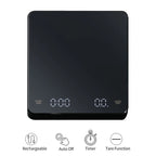 Black digital espresso scale with LED display and timer, rechargeable design