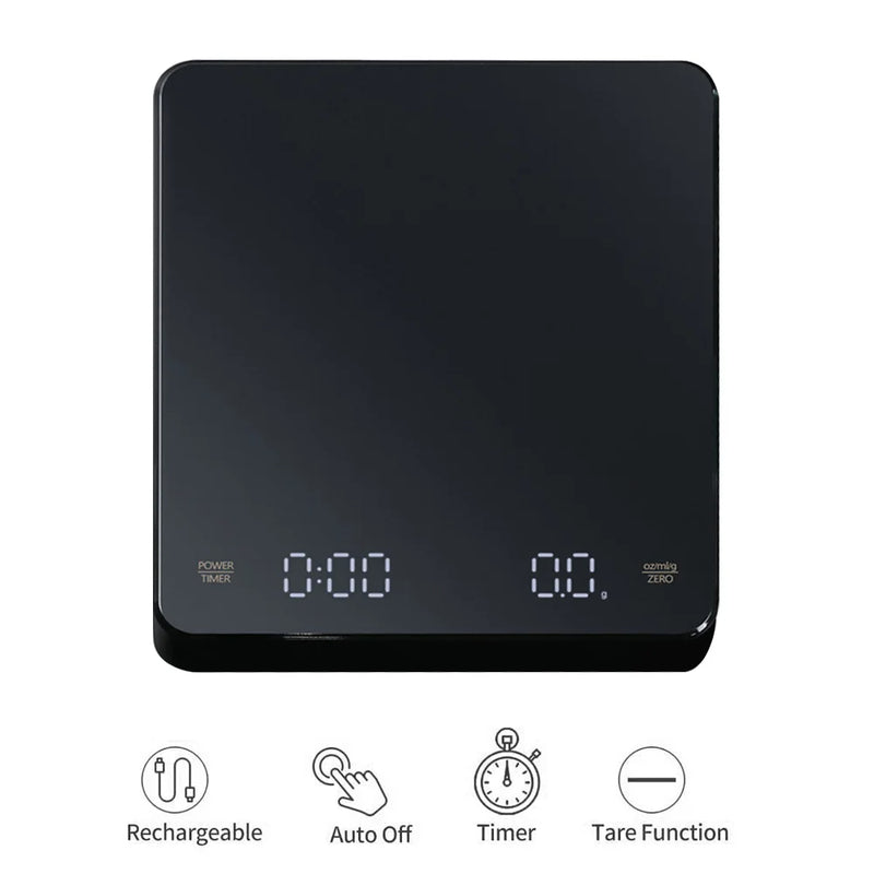 Black digital espresso scale with LED display and timer, rechargeable design
