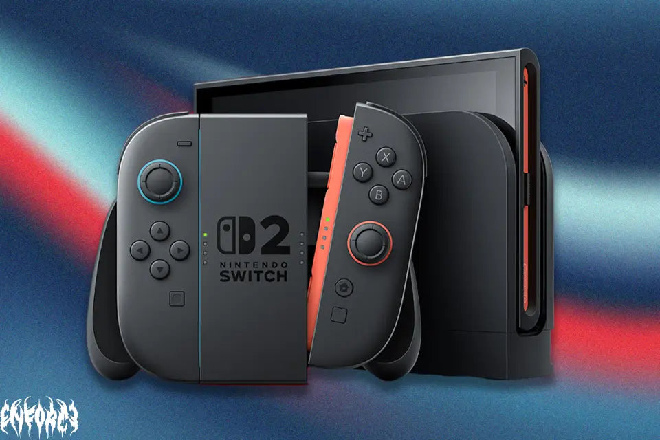 Nintendo Switch 2 console with two dark Joy‑Con controllers and tablet screen