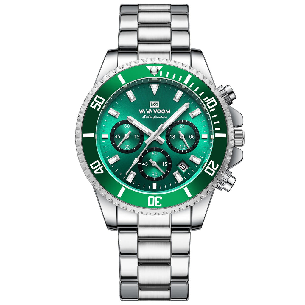 Men's stainless steel wristwatch with green dial and silver link bracelet, round bezel