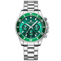 Men's stainless steel wristwatch with green dial and silver link bracelet, round bezel