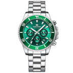 Men's stainless steel wristwatch with green dial and silver link bracelet, round bezel