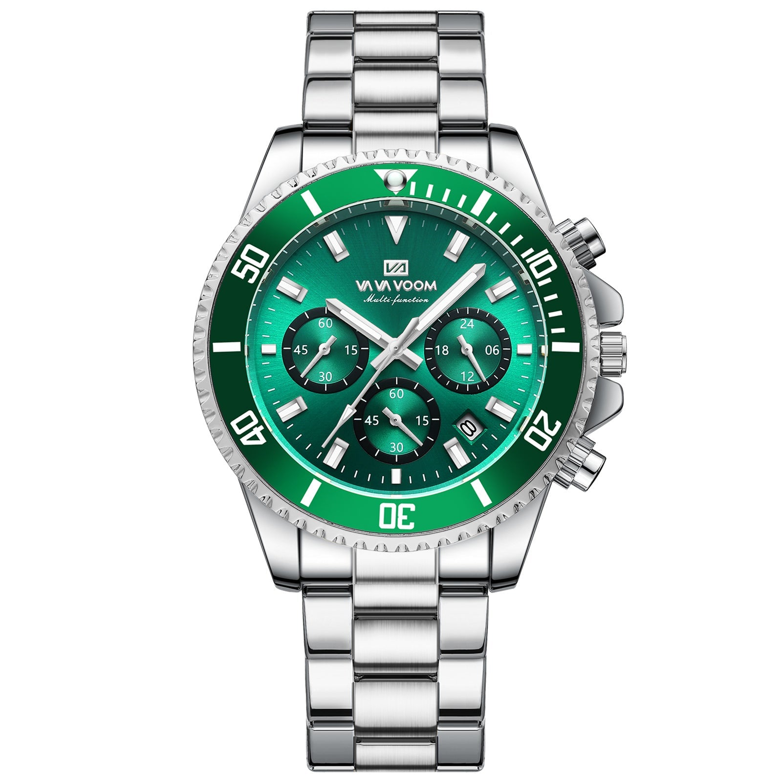 Men's stainless steel wristwatch with green dial and silver link bracelet, round bezel