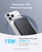 Slim power bank on a phone back, supporting 15W wireless charging.