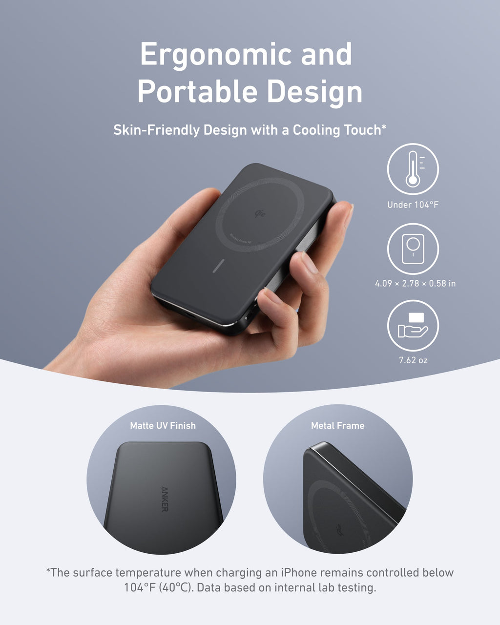Slim power bank held in hand, matte finish with a side charging port.