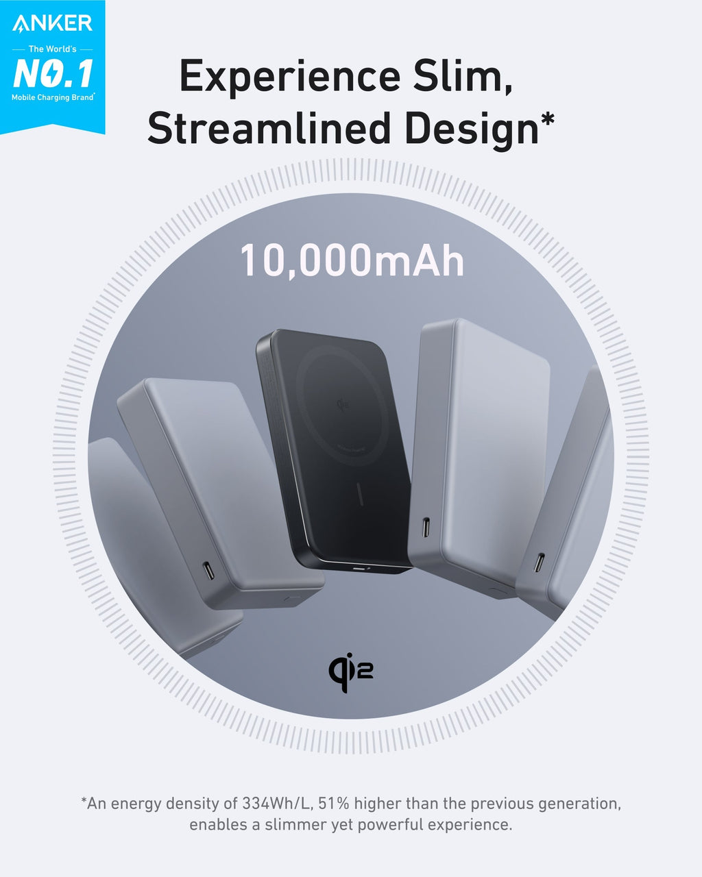 Slim 10,000mAh power bank shown from front and side with MagGo magnetic ring.