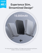 Slim 10,000mAh power bank shown from front and side with MagGo magnetic ring.