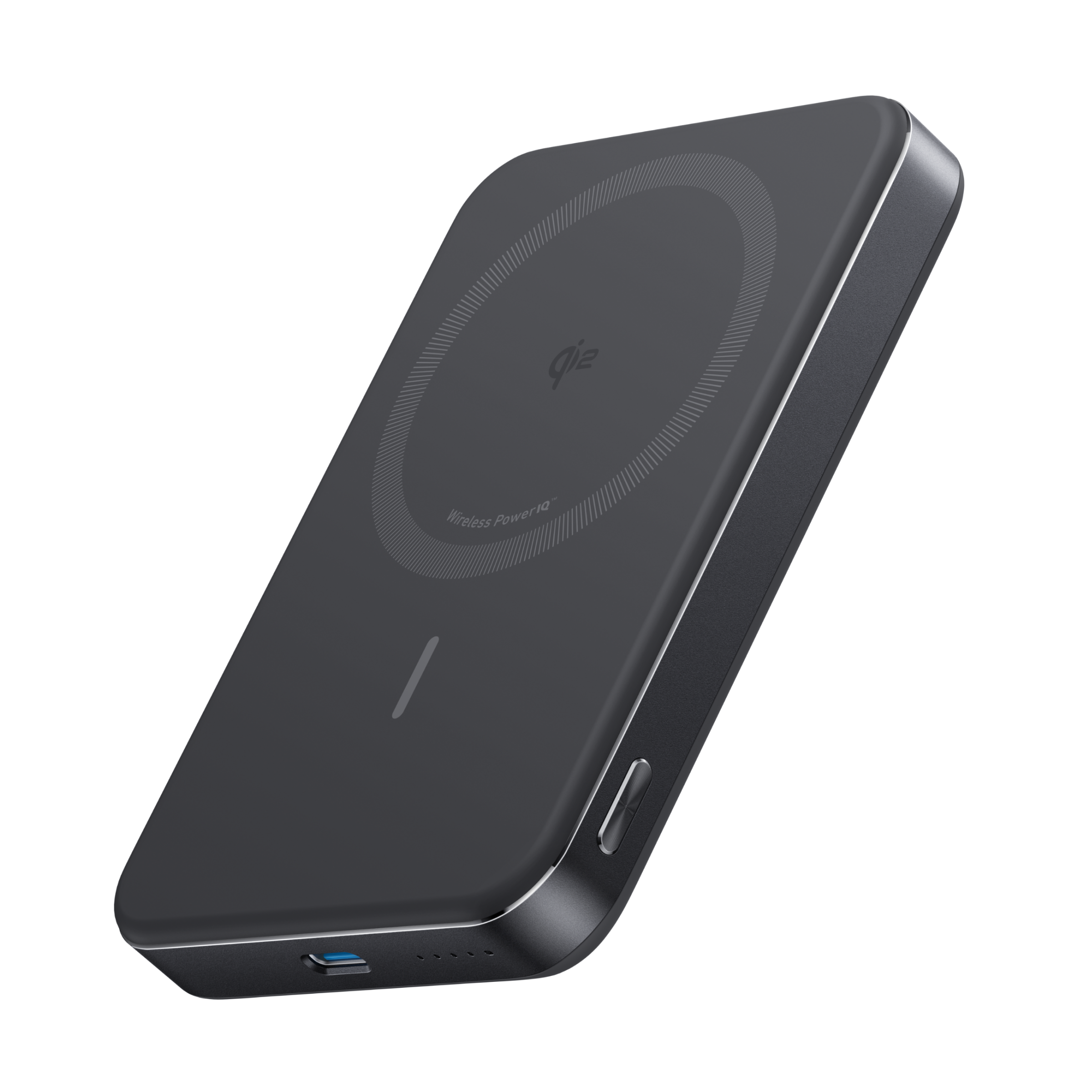Slim wireless power bank, black with magnetic charging disc on top.