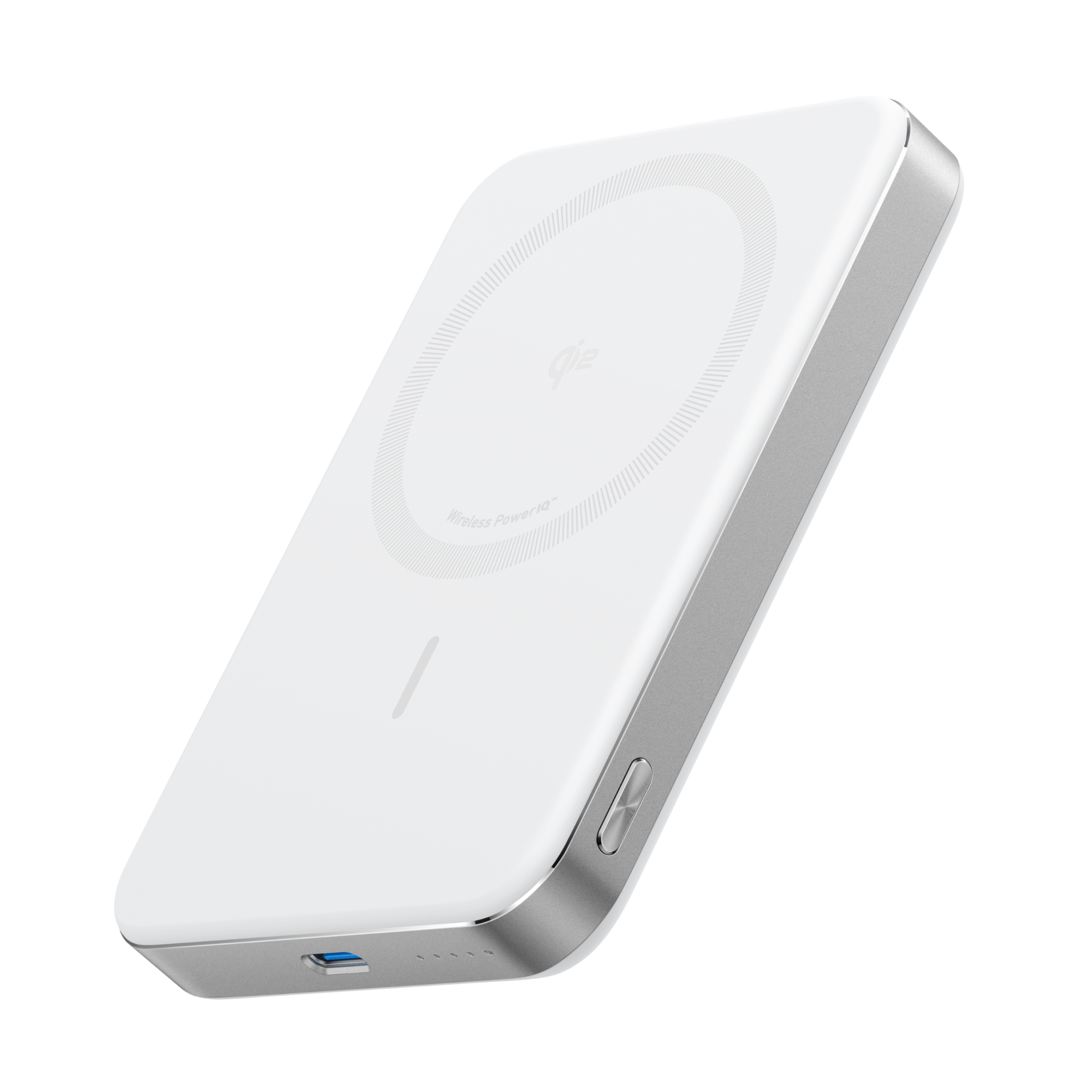 Slim wireless power bank, white with magnetic charging disc on top.