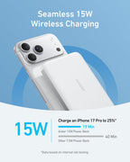 Slim power bank on a phone back, supporting 15W wireless charging in white.