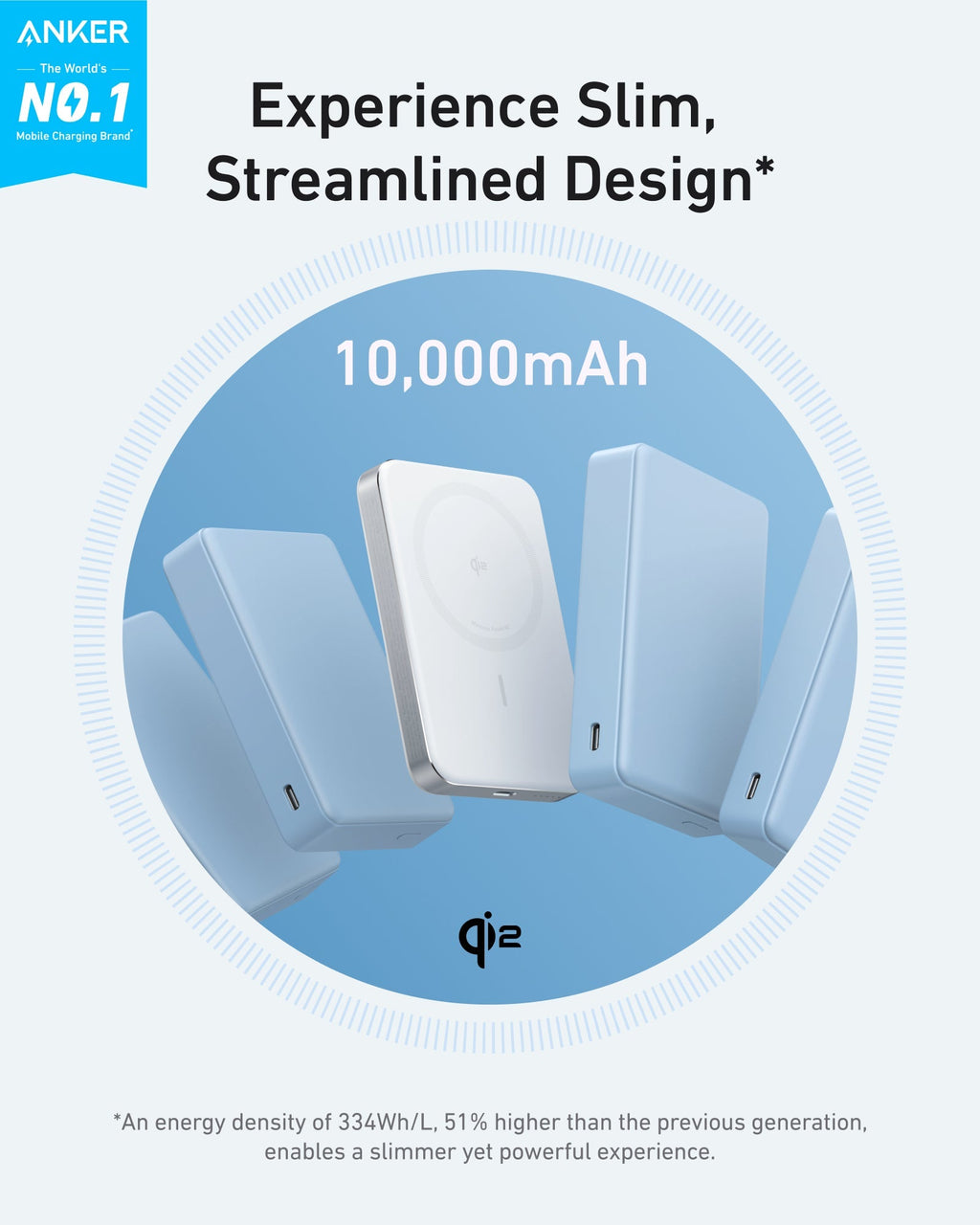 Slim 10,000mAh power bank shown in white from front and side with MagGo ring.