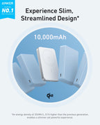Slim 10,000mAh power bank shown in white from front and side with MagGo ring.
