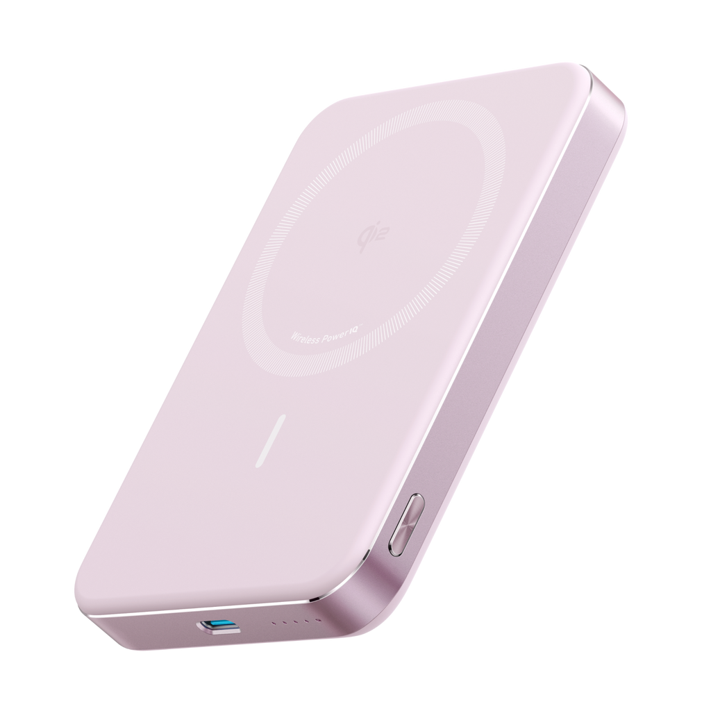 Anker MagGo slim power bank, light pink close-up with side charging ports