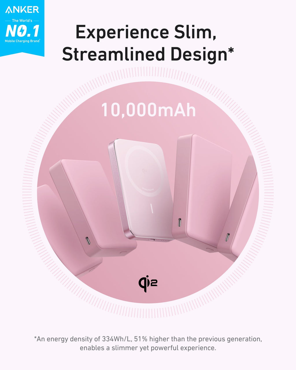 Anker MagGo slim power bank, light pink 10,000mAh design shown
