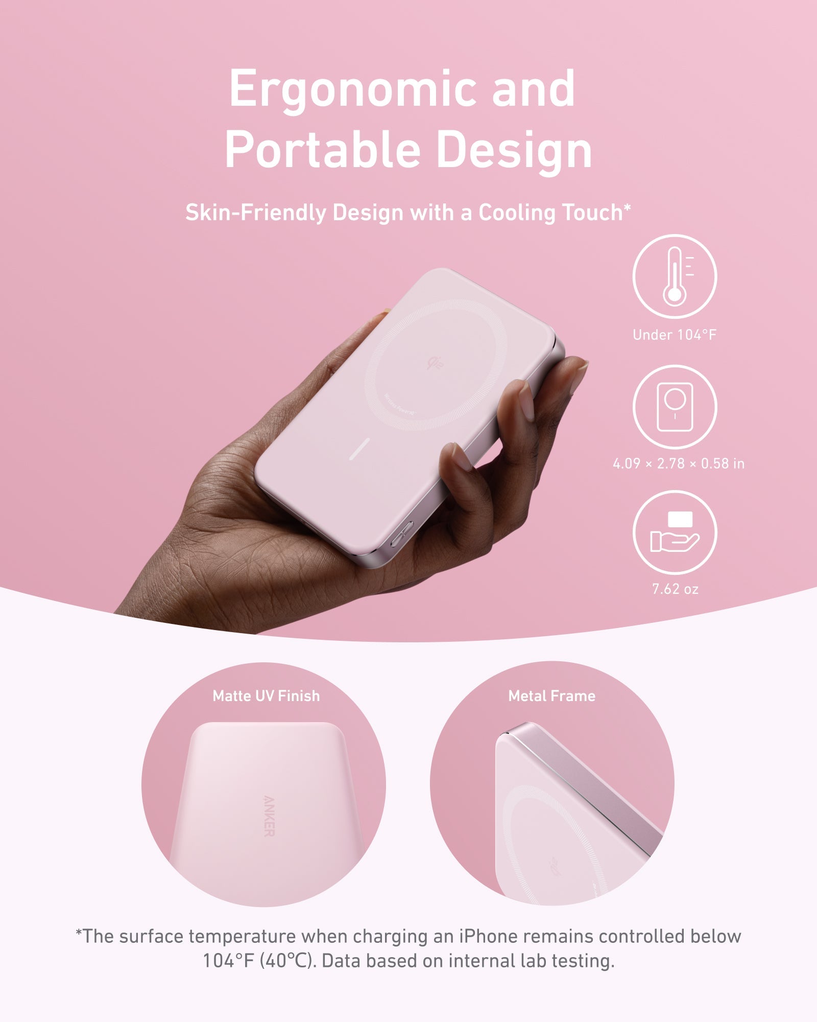 White slim wireless power bank with matte UV finish, metal frame, MagGo-compatible