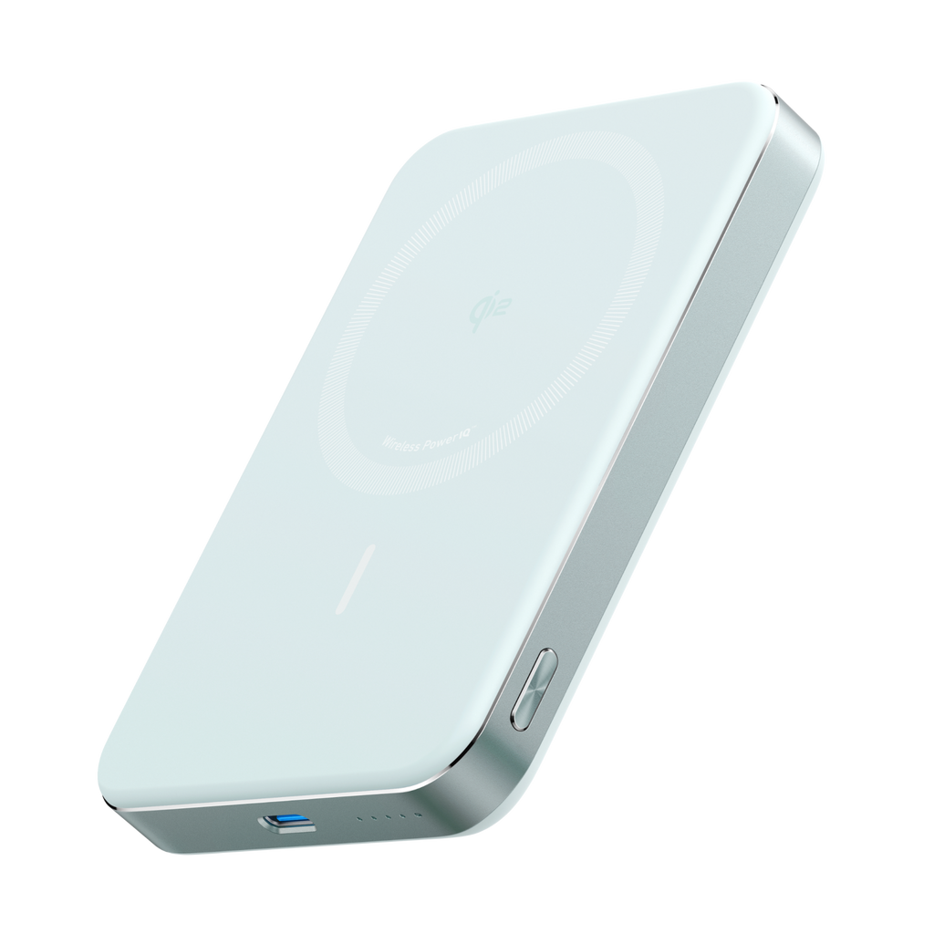 Anker MagGo slim power bank, light white close-up with side charging ports