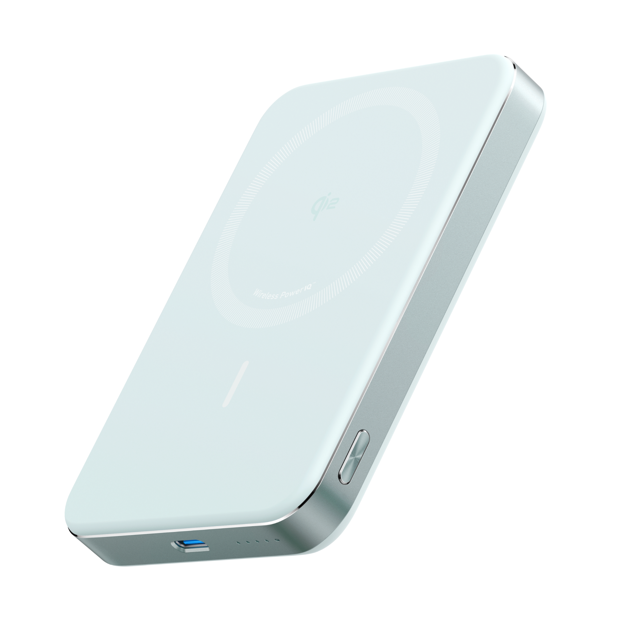 Anker MagGo slim power bank, light white close-up with side charging ports