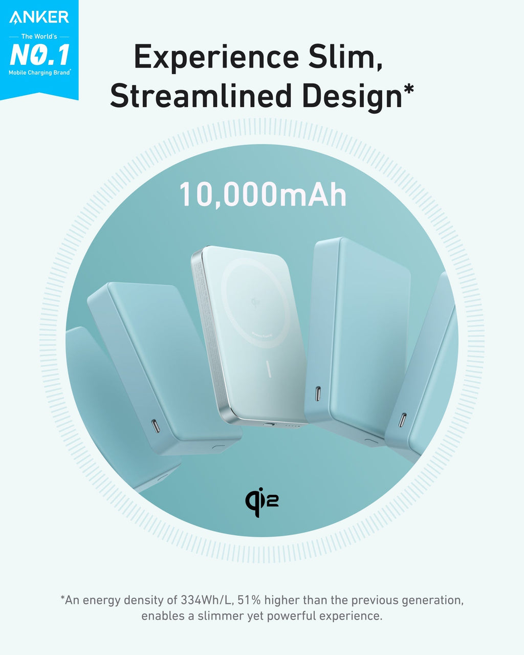 Anker MagGo slim power bank, light blue 10,000mAh design shown